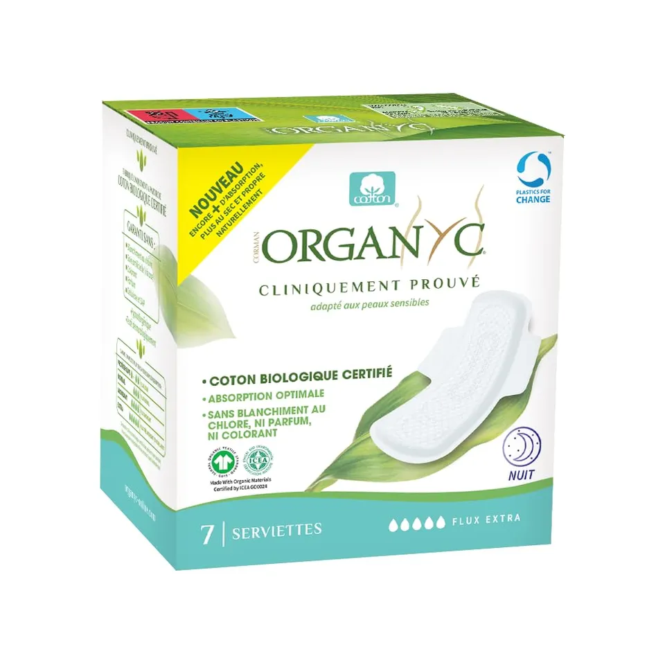 organyc-serviettes-hygi-niques-nuit-super-plus-avec-ailettes-en-coton-100-bio-1- image 1